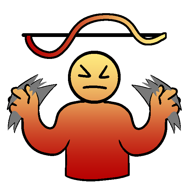 A red and yellow person wincing and flapping their hands, with a wave above them which goes below a baseline, then above, then evens out.
